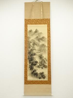 小倉理山筆　水墨山水　肉筆絹本掛軸（共箱）